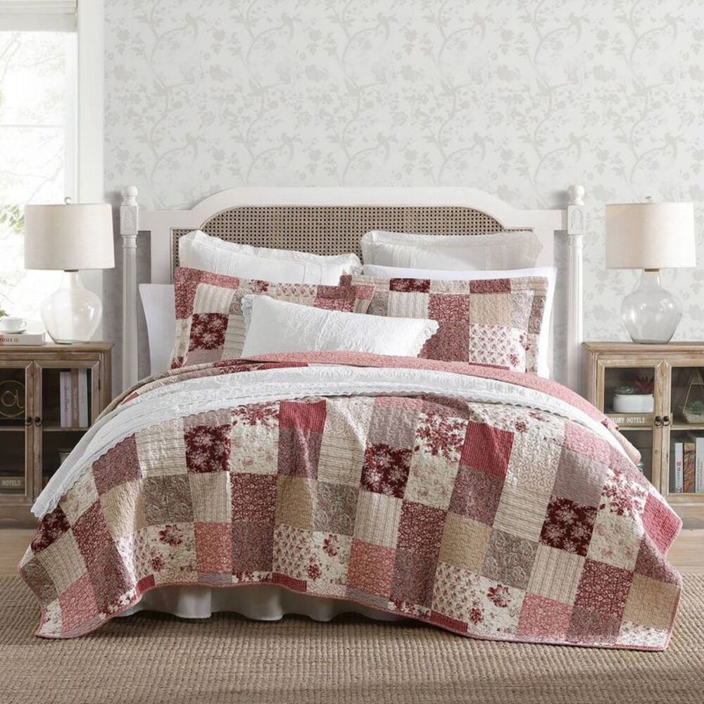 Laura Ashley 3pc Full/Queen Celina Patchwork 100% Cotton Quilt Bedding Set Red